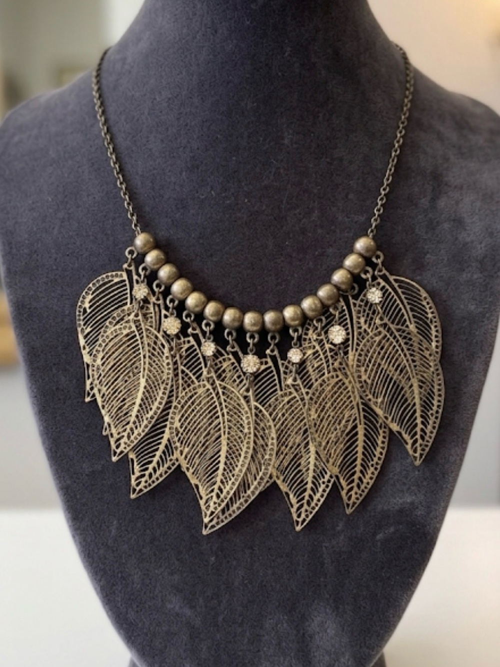 Vintage‎ M&S Signed Brass Tone Filigree Leaf Statement Necklace 22” Boho Layered